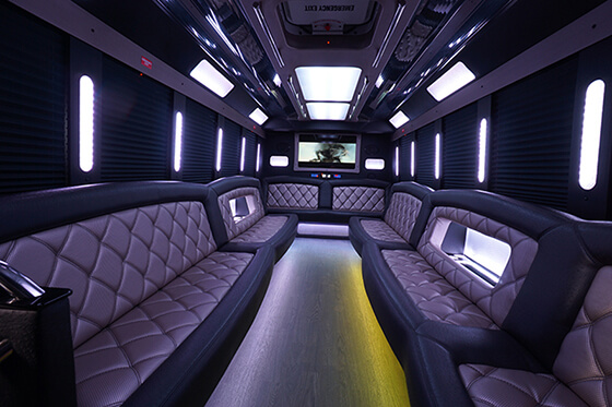 Party bus interior with leather seats