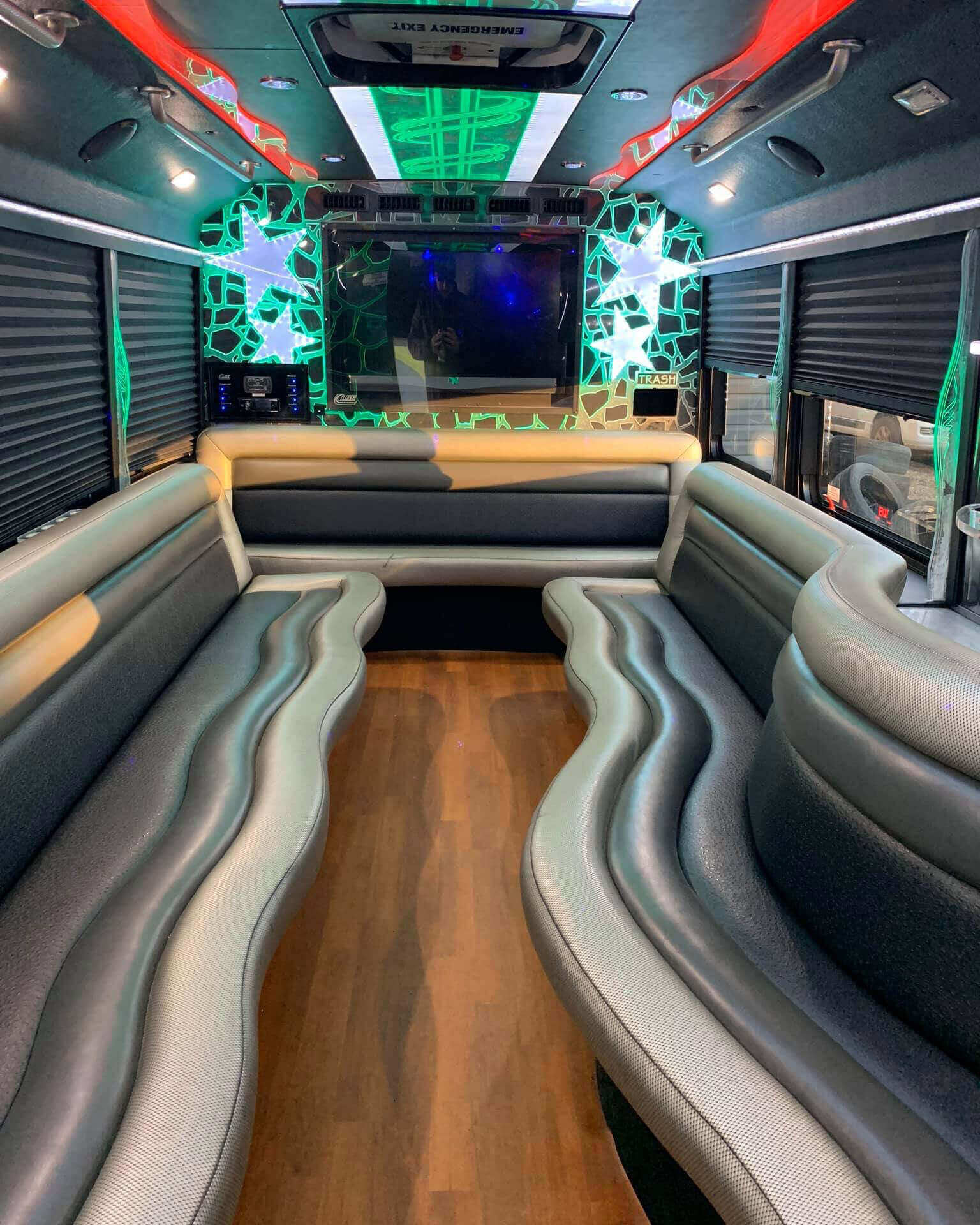 Party bus interior with leahter seats